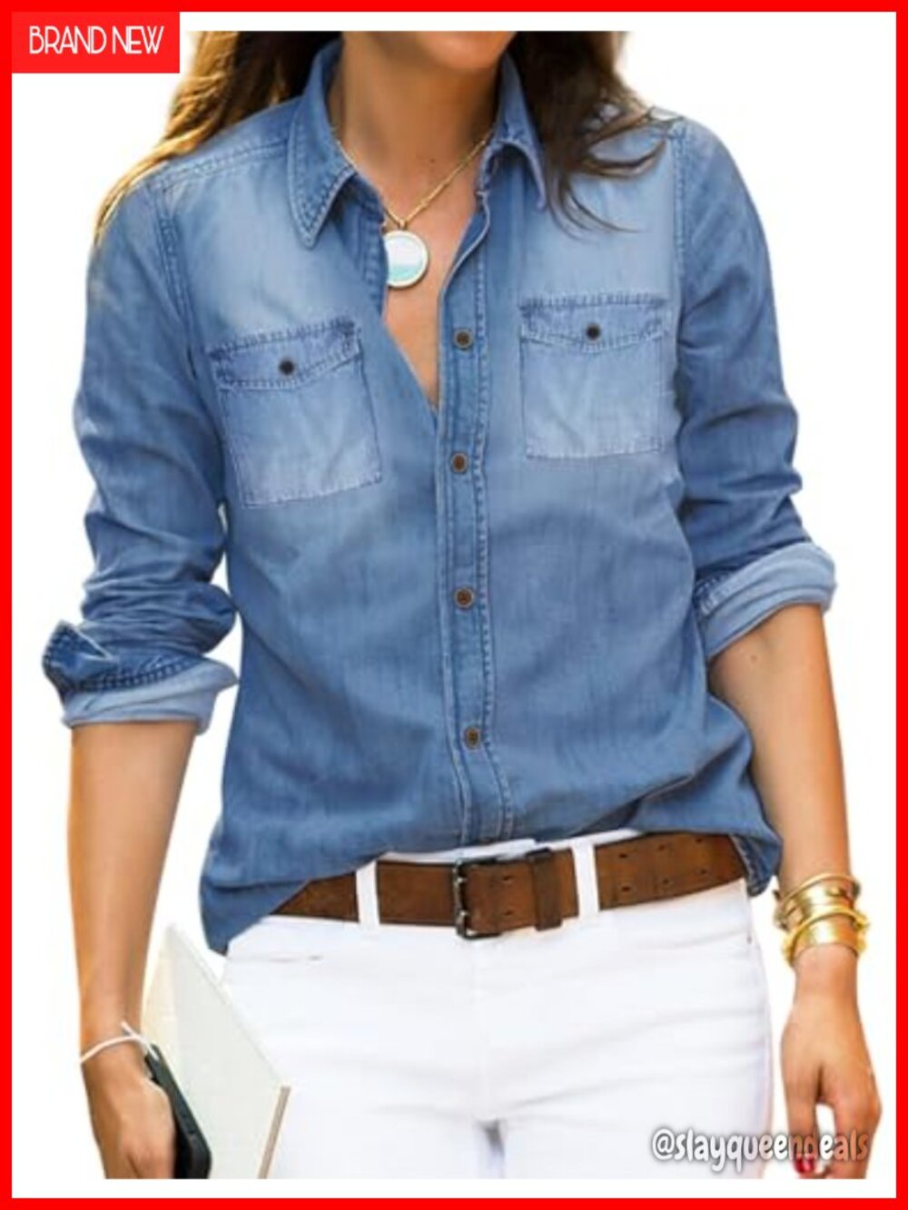 Women's Denim Shirt Long Sleeve Button Down Chambray Western Tunic Top